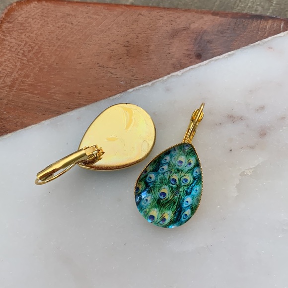 Green Peacock Teardrop Earrings - Picture 3 of 6